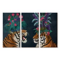 Elephant Stock Hot House Tigers Pair Dark Wall Art - Horizontal Multi Panel Canvas - Living Room Wall Decor - Animal Multi Panel - Teal And Black Decor By Fab Funky - 23" x 14"