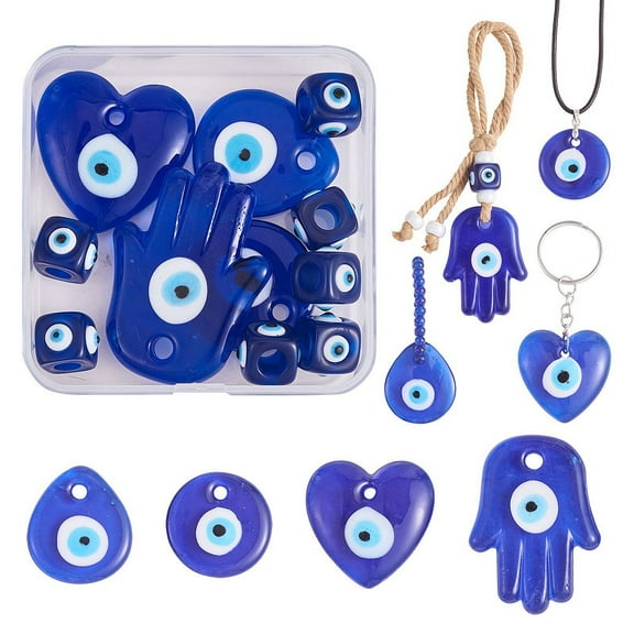 1 box DIY Jewelry Making Finding Kit Including Teardrop Flat Round Heart Hansa Hand Lampwork Pendants Column Resin European Beads Dark Blue 16pcs/box