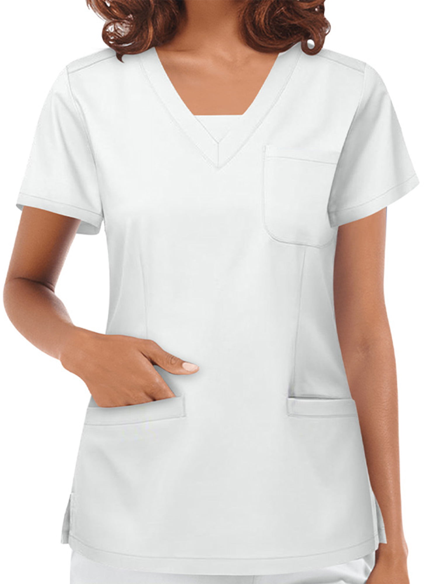 Scrub Top V Neck Medical Nursing Vet Uniform Shirt Pockets Clinic Dental Ladies 