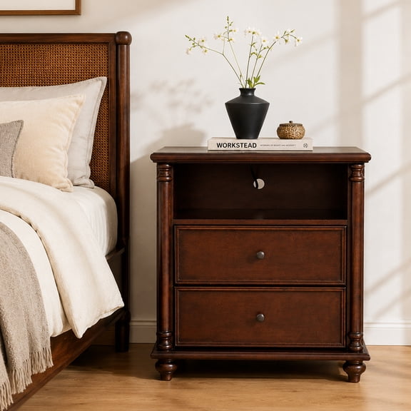 Leumius 28" Nightstand with Charging Station, Nightstand with Solid Wood Legs, 2 Drawers End Table, Bedside Table for Living Room Bedroom Walnut