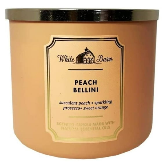 Bath and Body Works, Bougie à 3 Mèches White Barn avec Huiles Essentielles - 14.5 oz - Parfums de Base 2021! (Pêche Bellini)