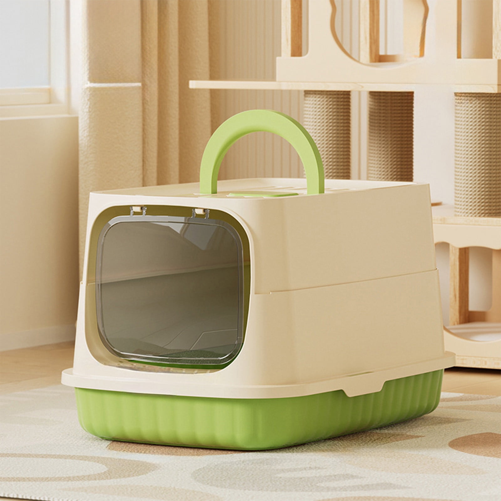 Kuroiy Enclosed Cat Litter Box | Extra Large Covered Litter Tray | Splash-Proof Pan with Lid | Easy Clean Plastic | Non-Slip Bottom | Green or Gray | Includes Shovel | 48x32x29cm