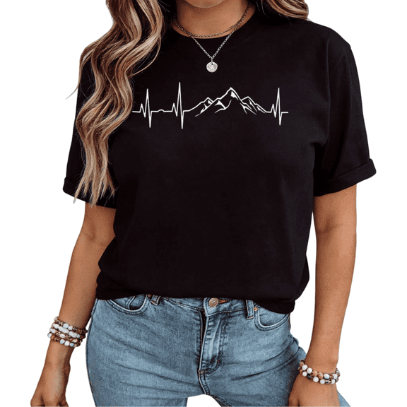 UNISHE Women Mountain Heartbeat Line Art Graphic Short Sleeve T-Shirt Comfortable Cotton Crewneck Top
