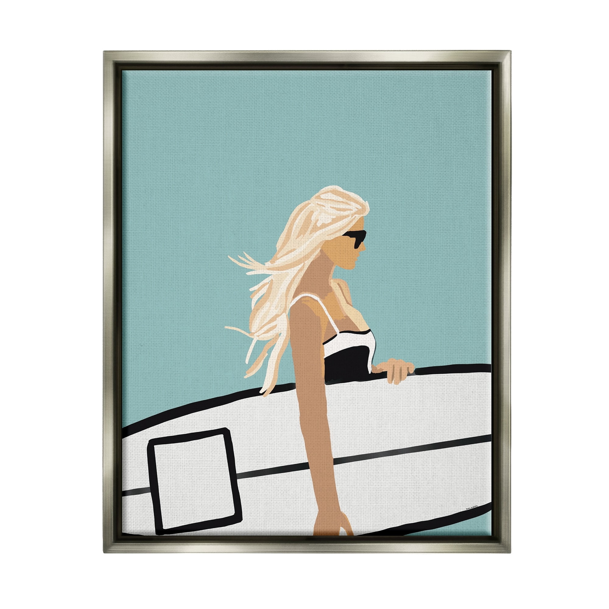 Stupell Industries Woman Carrying Surf Board Windblown Beach Hair Graphic Art Luster Gray Floating Framed Canvas Print Wall Art, Design by Amelia Noyes