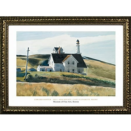 White Horse Hills - FRAMED Hill And House Cape Elizabeth Maine: 1927 by Edward Hopper 24x32 Art Print Poster Famous Painting Landscape Field Hills White House Coastal Lighthouse From Museum of Fine Arts Boston Collection