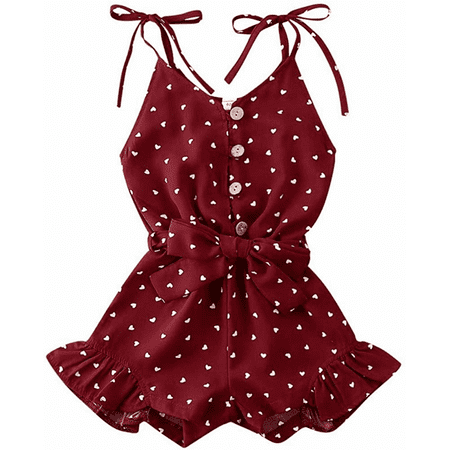 

Wish Baby Girl Valentine s Day Romper Bodysuit Heart Print Sleeveless Strap Ruffle Jumpsuit Outfit---Wine Red（110 cm） S164