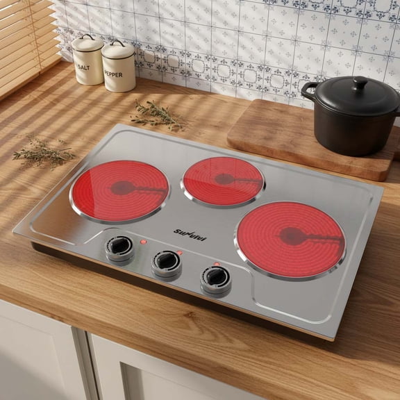 Sunvivi 3 Burner Electric Portable Cooktop Stove - Knob Control, Auto Shut-Off - Silver