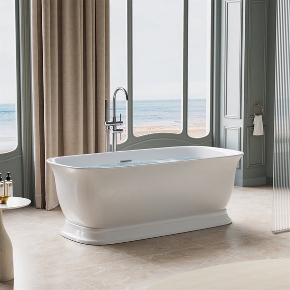 ANGELES HOME 67" Acrylic Freestanding Bathtub, Soaking White Bathtub with White Drain and Integrated Slotted Overflow Included, 74 Gallons, Glossy White