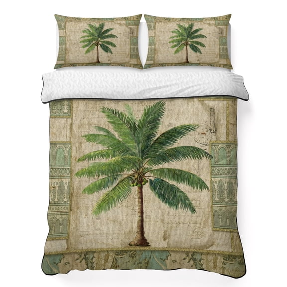Quilts Queen Size Bedding Set, Summer Palm Tree Lightweight Quilted Comforter, Vintage Green Brown Tropical Botanical Soft Reversible Bedspread Coverlet with Pillow Covers for All Season, 90" x 96"