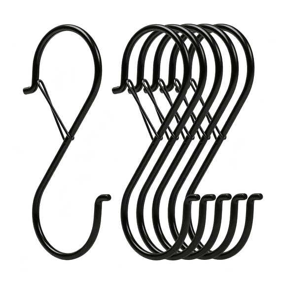 AUQ 6 Pack 5 Inch S Hooks for Hanging, Heavy Duty S Hooks with Safety Buckle, S Shape Hooks for Hanging Kitchen Utensils, Pots and Pans, Cups, Plants, Clothes and Bags, Black
