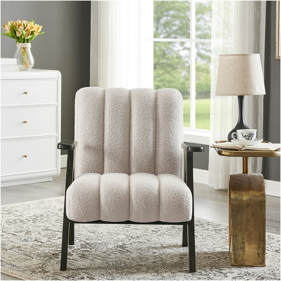 JERFIT Modern Plush Teddy Sherpa Accent Chair, Beige Upholstered Armchair with Espresso Wood Legs for Living Room, Bedroom
