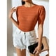 thumbnail image 5 of Blusa de punto ahuecada Cuello redondo Manga corta abullonada Ajuste casual Blusa ahuecada de color puro, 5 of 8