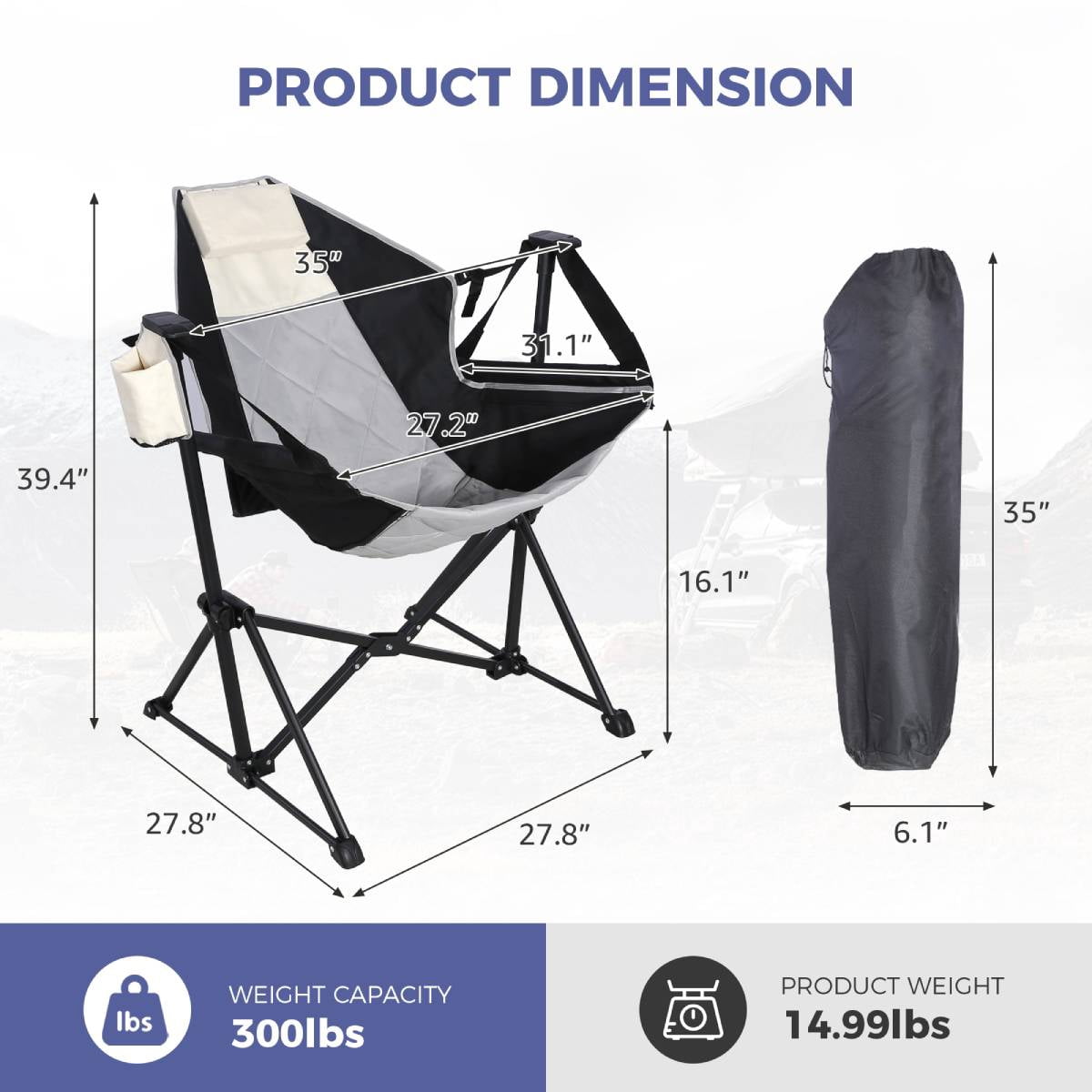 Foldable Recliner Rocking Lounger, Portable Outdoor Chair with Headrest & Drink Holder, 400lbs Heavy Duty Iron Frame for Beach Fishing Hunting Tailgating