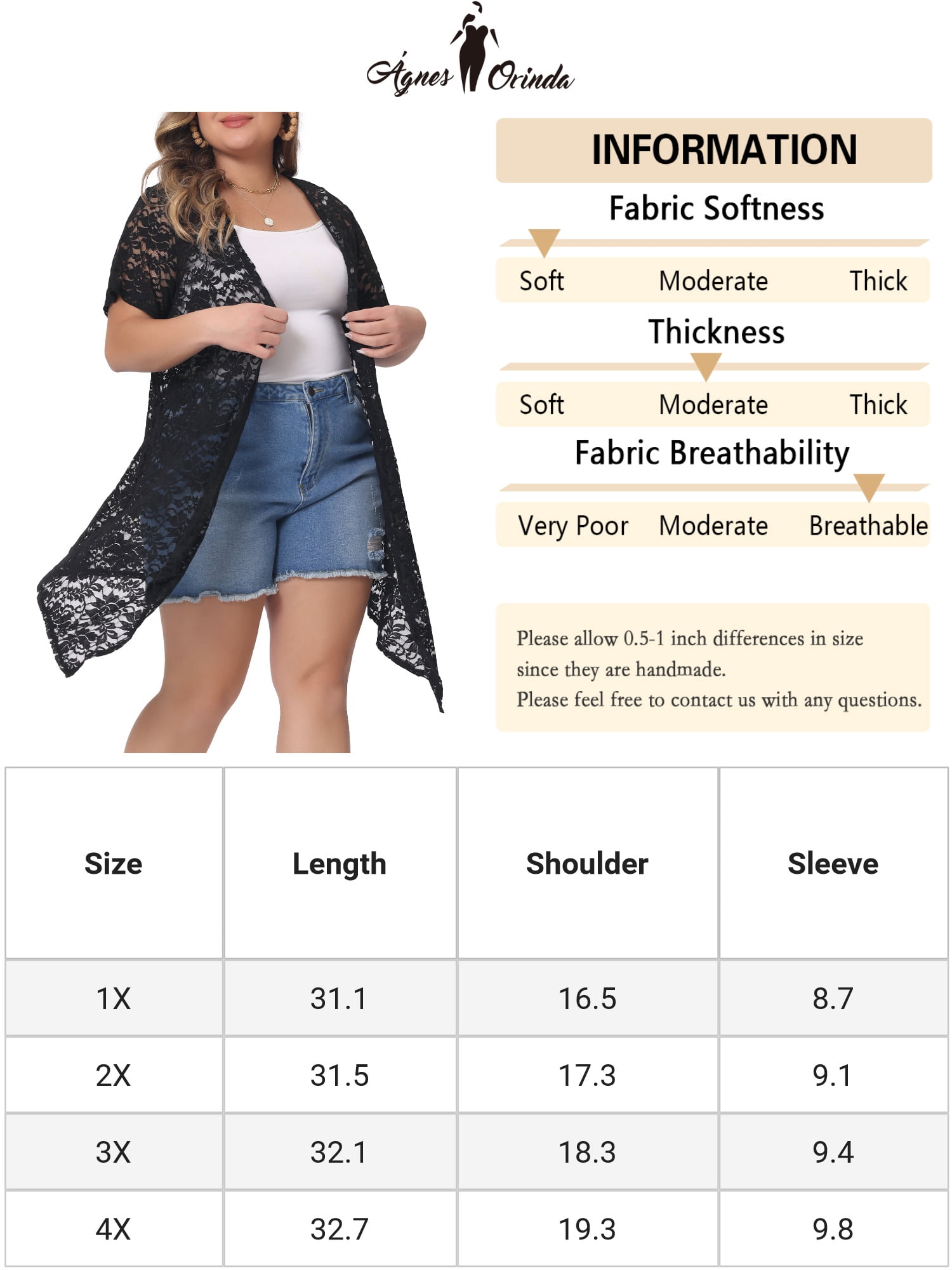 Unique Bargains Women Plus Size Cardigan Lace Crochet Short Sleeves Sheer Cover Up 1X Black