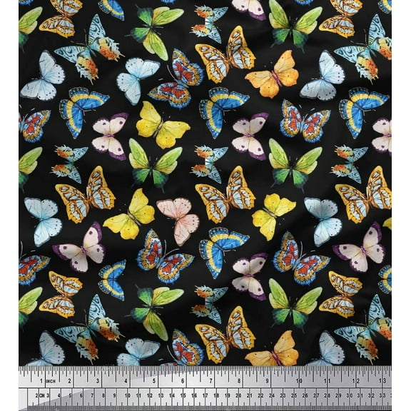 Soimoi Black Cotton Duck Fabric Colorful Butterfly Print Fabric by the Yard 42 Inch Wide