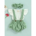 thumbnail image 3 of Baby Girl Fly Sleeve Ribbed Top + Suspender Shorts + Bow Headband 3 Piece Summer Casual Outfits Set, 3 of 9