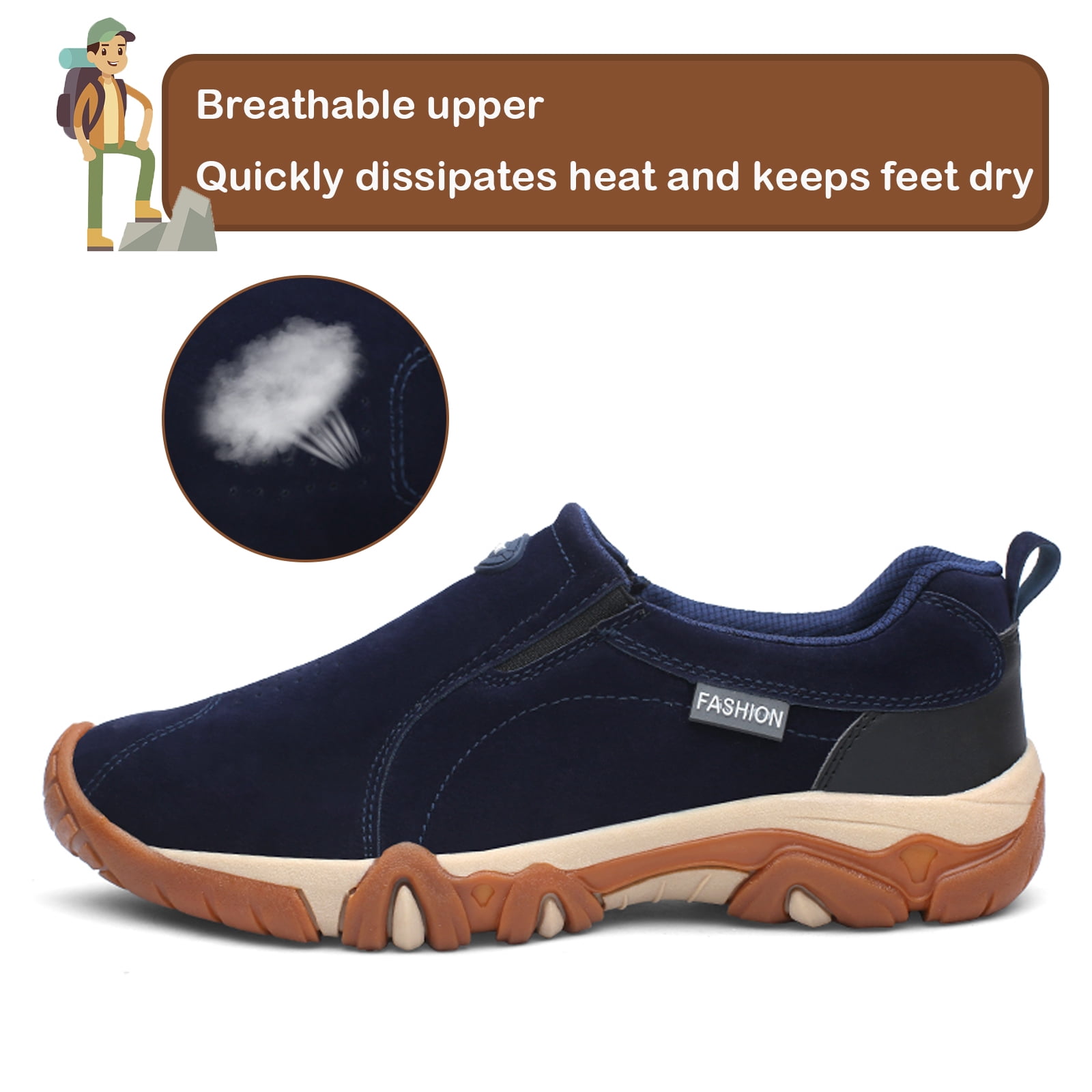 Hiking Shoes for Men Laceless Suede Breathable Slip Resistant Boots Lightweight Sneakers for Outdoor Walking Trekking Trail