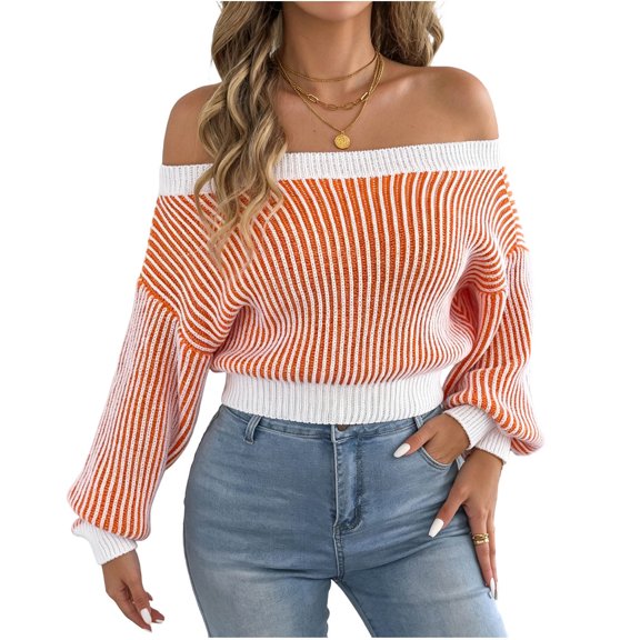 Fewfanhot Women's Sweaters Off Shoulder Striped Casual Long Sleeve Knit Pullover Tops