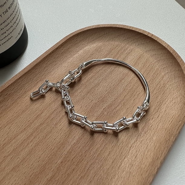 Pulsera de media plata pura S925, pulsera en forma de U con forma de herradura, personalidad de moda, diseño de nicho, textura