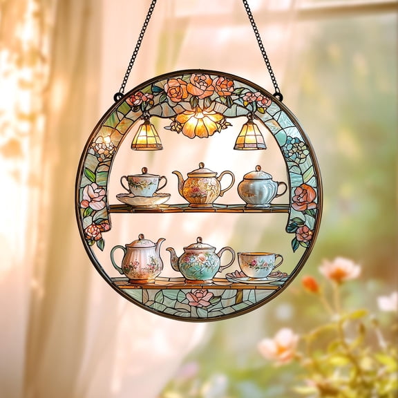 Cottagecore Floral Teacup Shelf Faux Stained Acrylic Suncatcher, Vintage Tea Lover Acrylic Window Hanging, MotherÃ¢â‚¬â„¢s Day Gift, Gift for Mom