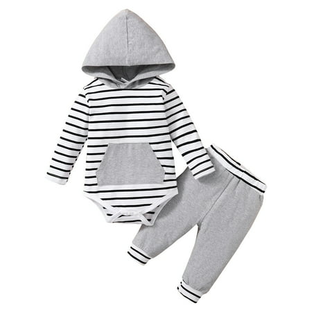 

KIMI BEAR Romper Outfits For Newborn Baby Boys 6 Months Boys Fall Winter Clothes Hooded Stripe Long Sleeve Jumpsuit Pants 2PCs Set 6-9 Months Gray