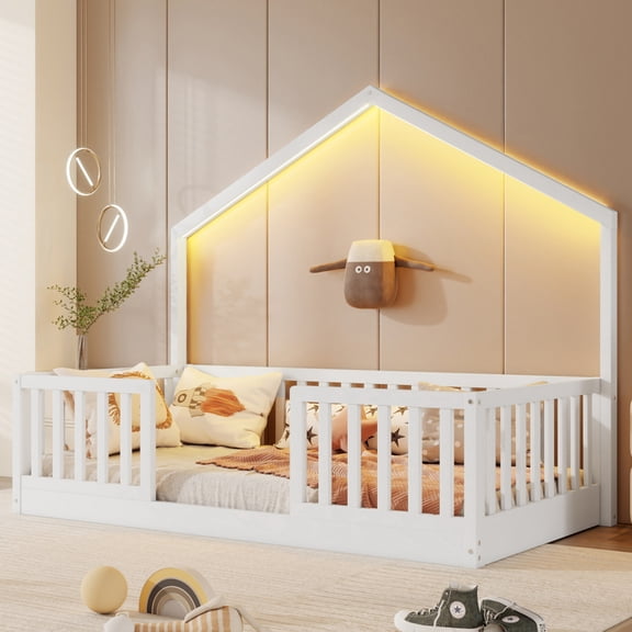 Twin Floor Bed with High Rails, Wooden Montessori Bed with Light for Kids Boys and Girls Bedroom,1111
