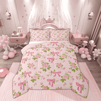 Manfei Dreamy Pink Bowknot Bedding Comforter Set, Vintage Rustic Rose Flower Twin Comforter Sets, Teens Kids Child Reversible Bedding Set, Breathable Home Decor, 2pcs