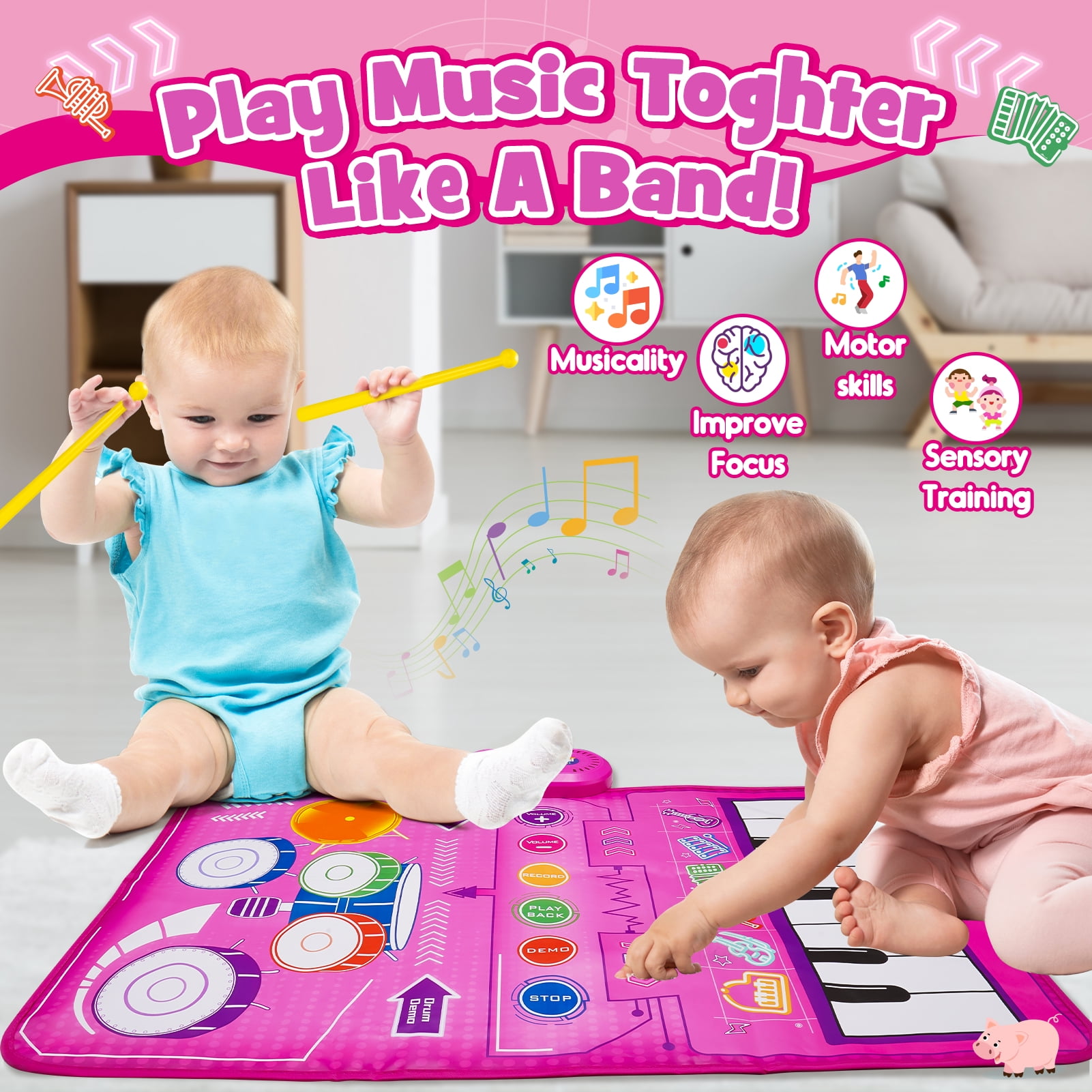 Musical Toys Baby Piano Mat 1 Year Old Girls Toys, Keyboard & Drum Musical Mat, Gifts for 1 2 3 Years Old Girls, Music Sensory Play Mat Toys for Girls Ages 1 2 3 4