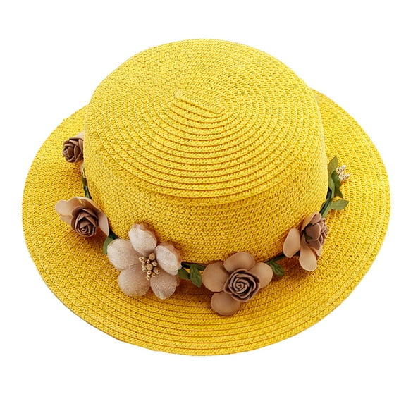 52-54cm hat circumference children's summer sun hat garland beach outdoor flat top hat sunscreen foldable straw hatyellow