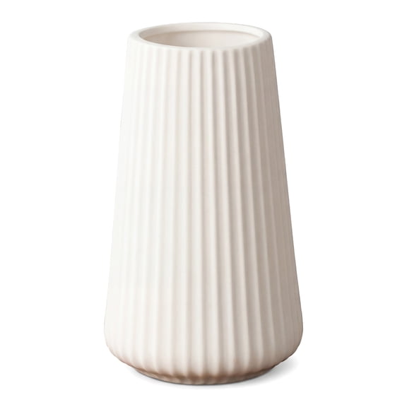 REGALWOVEN Modern Ceramic Vase Matte Ribbed Flower Vase, Wide Opening Chubby Vase for Desktop, Shelf & Bathroom White 3.5" x 3.5" x 5.9"