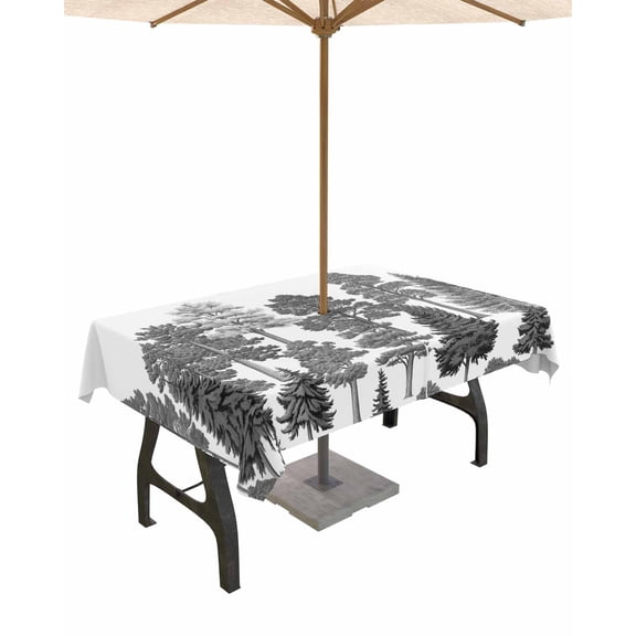 Fsddascl Black Grey Botanical Outdoor Tablecloth - 60x102 Inch Rectangle Dining Table Cover, Watercolor Forest Pine Tree Waterproof Outdoor Table Cloth with Umbrella Hole & Zipper for Picnic/Patio