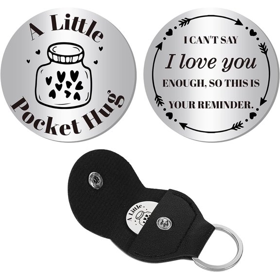 Pocket Hug Token Long Distance Relationship Keepsake Stainless Steel Double Sided Inspirational Gift with PU Leather Keychain for Friends Family Daughter Son 1.2 x 1.2 Inch