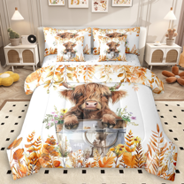 Manfei Cute Highland Cow Bedding Comforter Set 7-Piece, Orange Flower Floral Full Bedding Set, Farm Animal Fitted Sheet Flat Sheet, Lightweight Room Decor