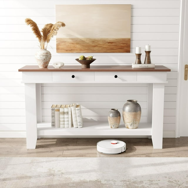 Yiwa 54-Inch Wooden Sofa Table Behind Couch, Rectangular Entryway Console with Drawers & Open Storage Shelf for Farmhouse Hallway/Foyer