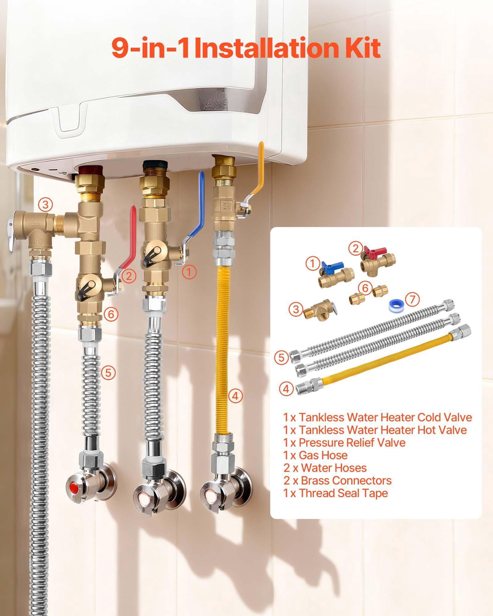 3/4 Inch Water Heater Repair Kit with 600 WOG Valves Pressure Relief Valve Gas Hose for Tankless Heaters