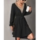 thumbnail image 4 of Vestido corto con cuello en V y costuras de encaje, manga larga, cinturón, ajuste informal, vestido corto para citas, negro, M, 4 of 7