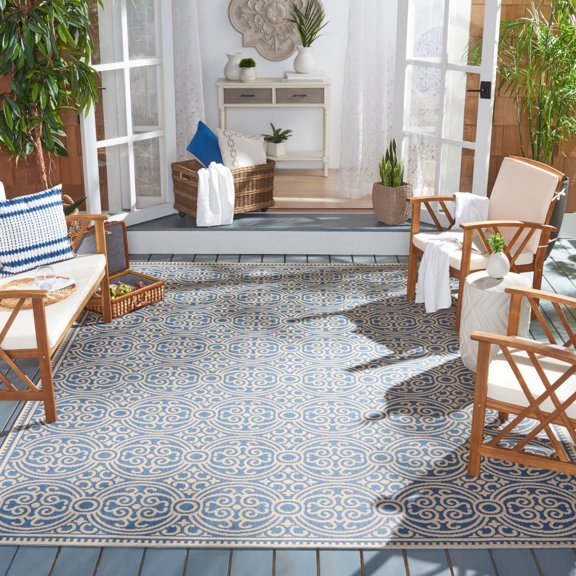 SAFAVIEH Beach House Wyon Medallion Indoor/Outdoor Area Rug Cream/Blue, 8'6" x 12'