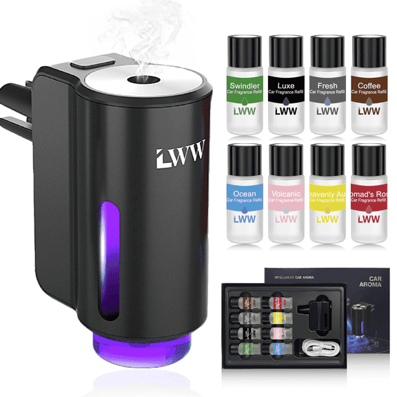 LWW Smart Car Air Freshener Aromatherapy Diffuser, Rechargeable with 3-Speed Adjustment, Includes 8 Bottles of Perfume
