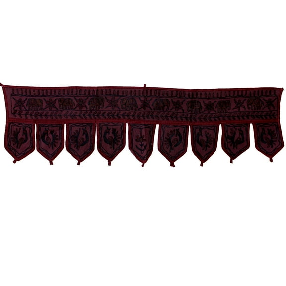 Stylo Culture Ethnic Cotton Window Valance Dining Room Dark Maroon Decorative Embroidered Elephant Scarf Curtain Topper Living Room Traditional Swag Curtain Door Hanging Toran | 36 x 10 Inches