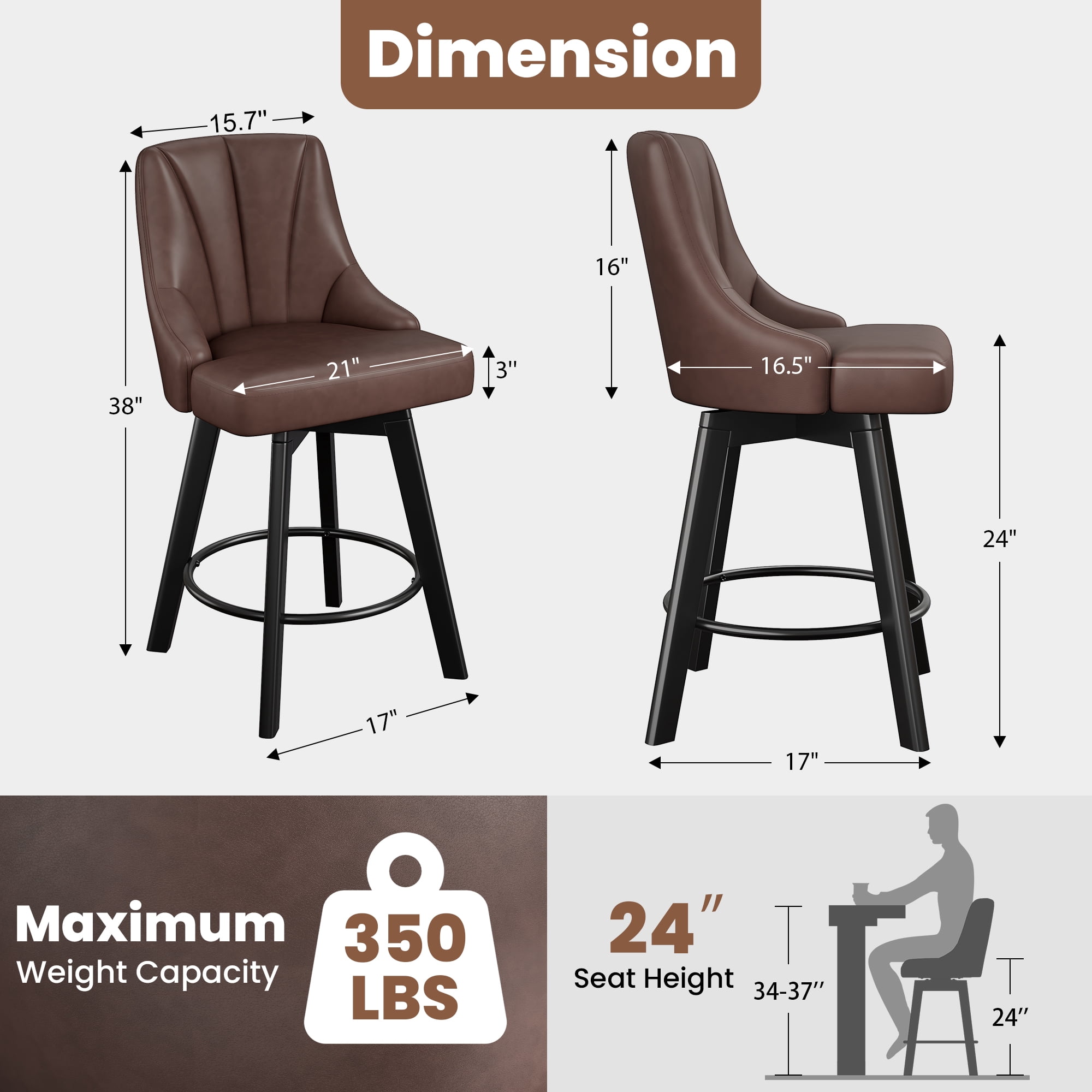 LainTene 24" Counter Height Swivel Bar Stools Set of 6, PU Leather Upholstered Counter Barstools with Solid Wood Legs and Backs for Kitchen Island, Home Bar