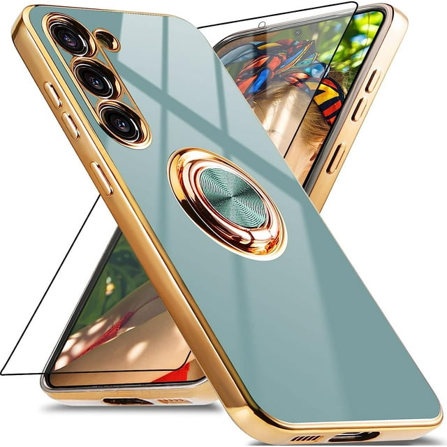 ORUYROP for Samsung Galaxy S23 Plus Case with Screen Protector, Built-in 362 Rotation Ring Holder Magnetic Stand, Luxury Shiny Plating Edge Shockproof Electroplated Protective Cover (Gray/Gold