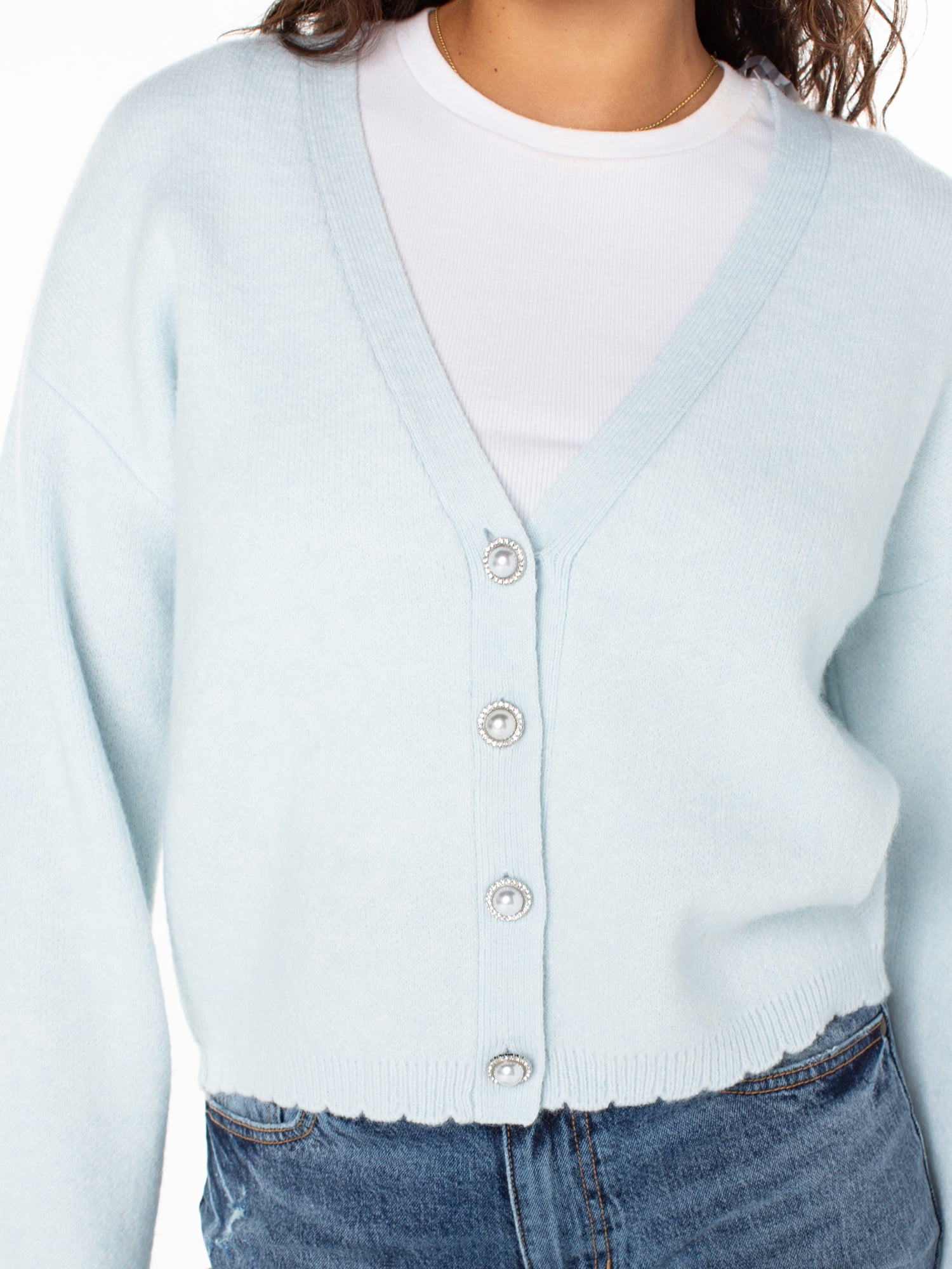 Celebrity Pink Women's Scalloped Hem Jewel Button Cardigan Sweater with Long Sleeves, Sizes XS-XXXL