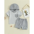 thumbnail image 2 of Infant Baby Boys Summer Short Set, Short Sleeve Hooded Striped T-shirt with Elastic Waist Shorts Outfit, 2 of 7