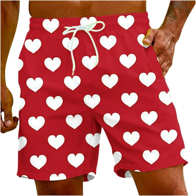 Penkiiy Short Homme à Cordon Imprimé Amour de la Saint-Valentin Plage Décontracté 4TG Rouge