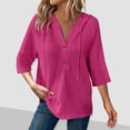 thumbnail image 2 of Lenpel T Shirts for Women 3/4 Length Sleeve Quarter Button V Neck Textured Hoodies Casual Loose Hooded Blouses, 2 of 7