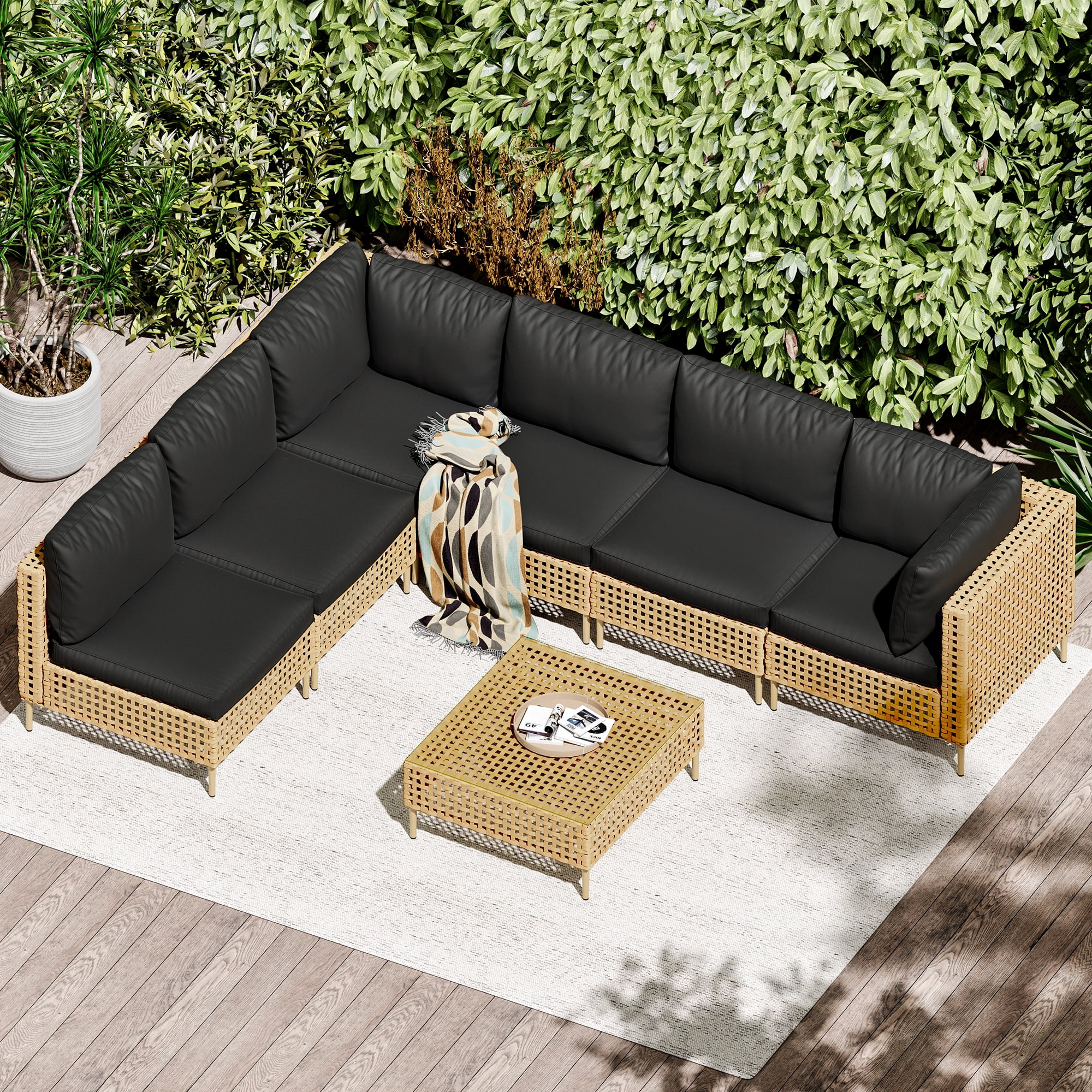 LHBcraft 7-Piece Wicker Patio Furniture Set, Boho Outdoor Conversation Set Sectional Sofa with Water Resistant Thick Cushions and Coffee Table