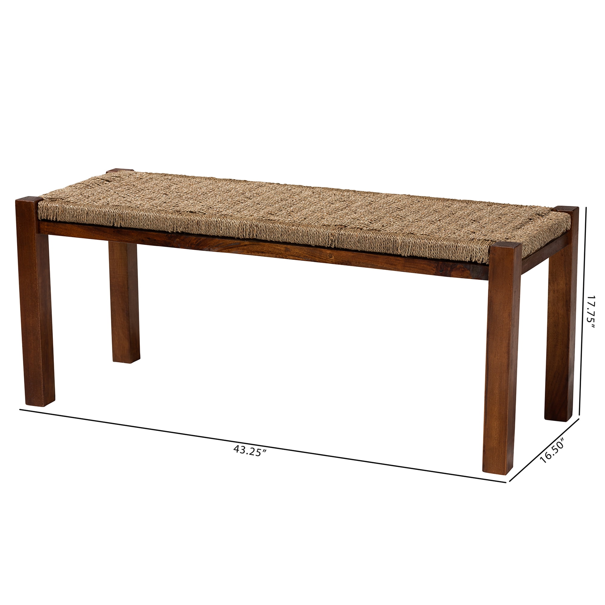 bali & pari Hermes Seagrass and Mahogany wood Transitional Bench, Walnut Brown