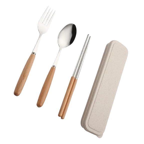 3pcs Stainless Steel Chopsticks Spoon Fork Set Wood Handle Portable Tableware with Case For Travel Home Camping (Chopsticks and Spoon and Fork)