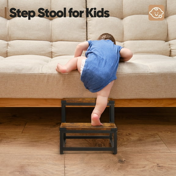 Industrial 2 - Step Stool, 100 lbs Capacity Sturdy Steel Frame Step Stool with Vintage Wood Look, Anti - Slip Adjustable Feet for Kitchen, Bedroom, Office