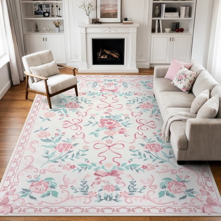 Lahome Washable 8'x10' Floral Bow Area Rug, Pink Rugs for Living Room, Soft Non-Slip Boho Carpet for Bedroom Kids Room Nursery Dining Room, Large Rug, Pink